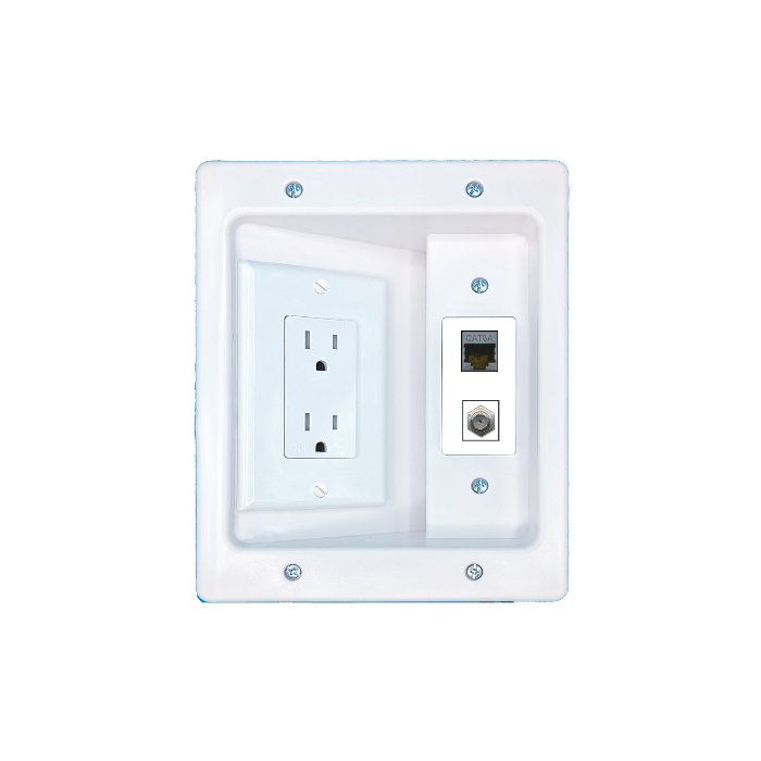 RiteAV Custom 2 Port Recessed Wall Plate Cable Concealer Management Kit with Power Outlet Hides Cords and Cables