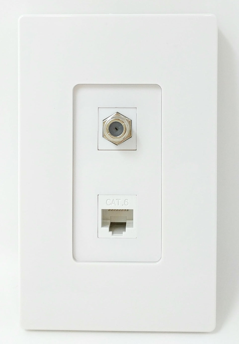 RiteAV - 1 Coax Cable TV F and 1 Cat6 White Ethernet Wall Plate Screwless Decorative - White