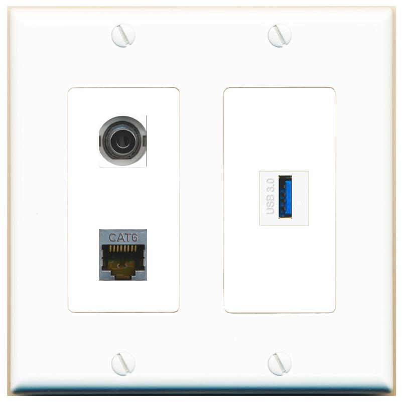 3.5mm CAT6-SHIELDED USB-3 Wall Plate [White]