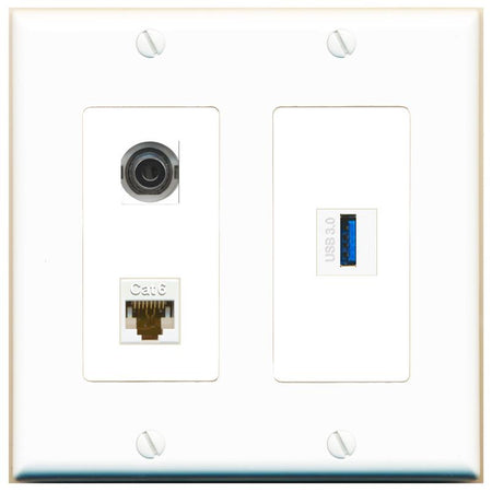 3.5mm CAT6 USB-3 Wall Plate [White]