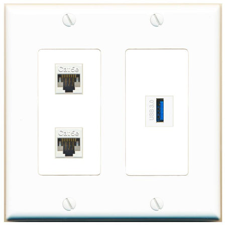 2 CAT5E USB-3 Wall Plate [White]