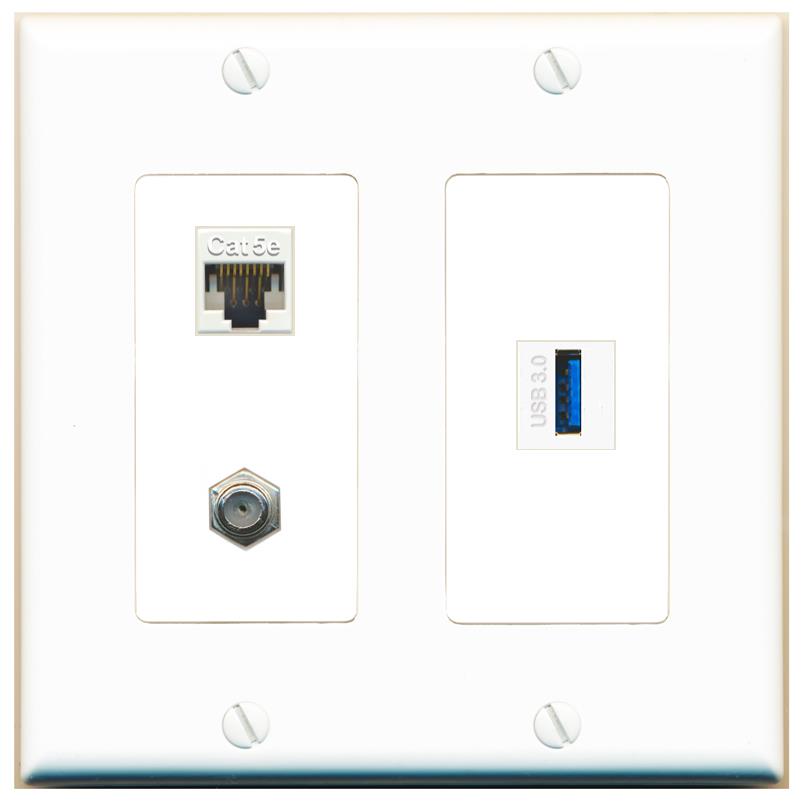 CAT5E COAX USB-3 Wall Plate [White]