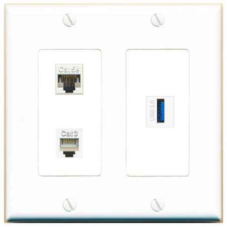 CAT5E PHONE USB-3 Wall Plate [White]