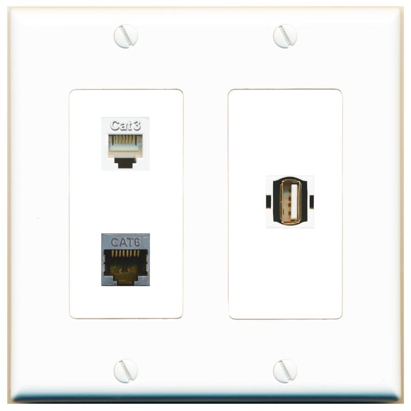 CAT6-SHIELDED PHONE USB2 Wall Plate [White]