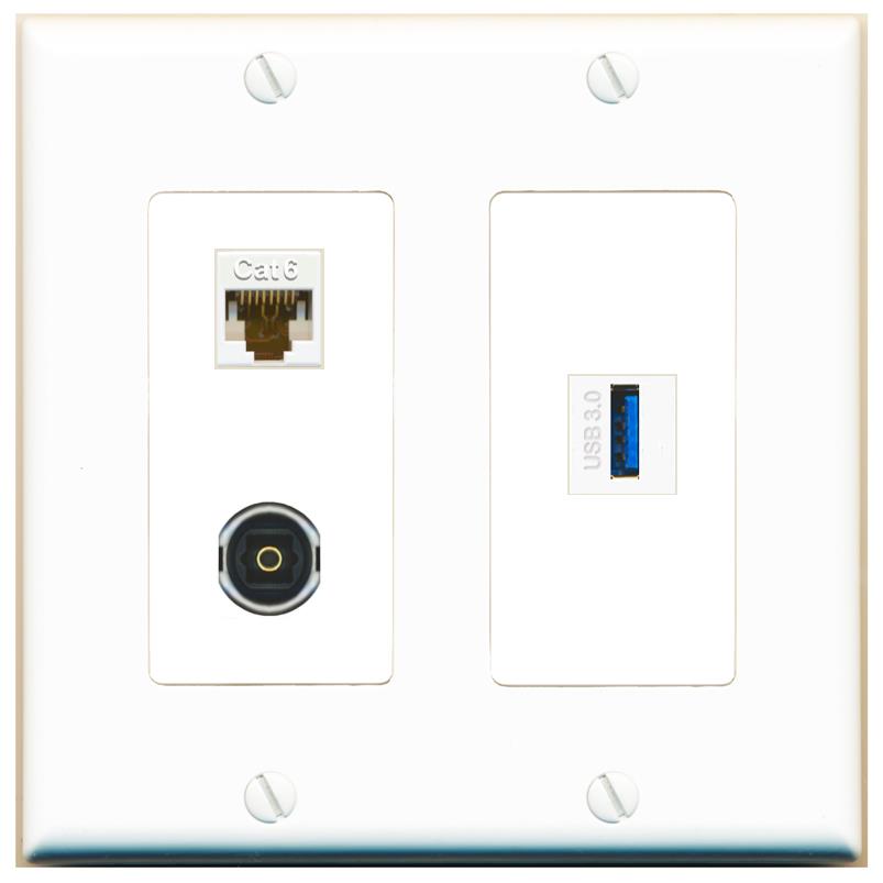 CAT6 TOSLINK USB-3 Wall Plate [White]