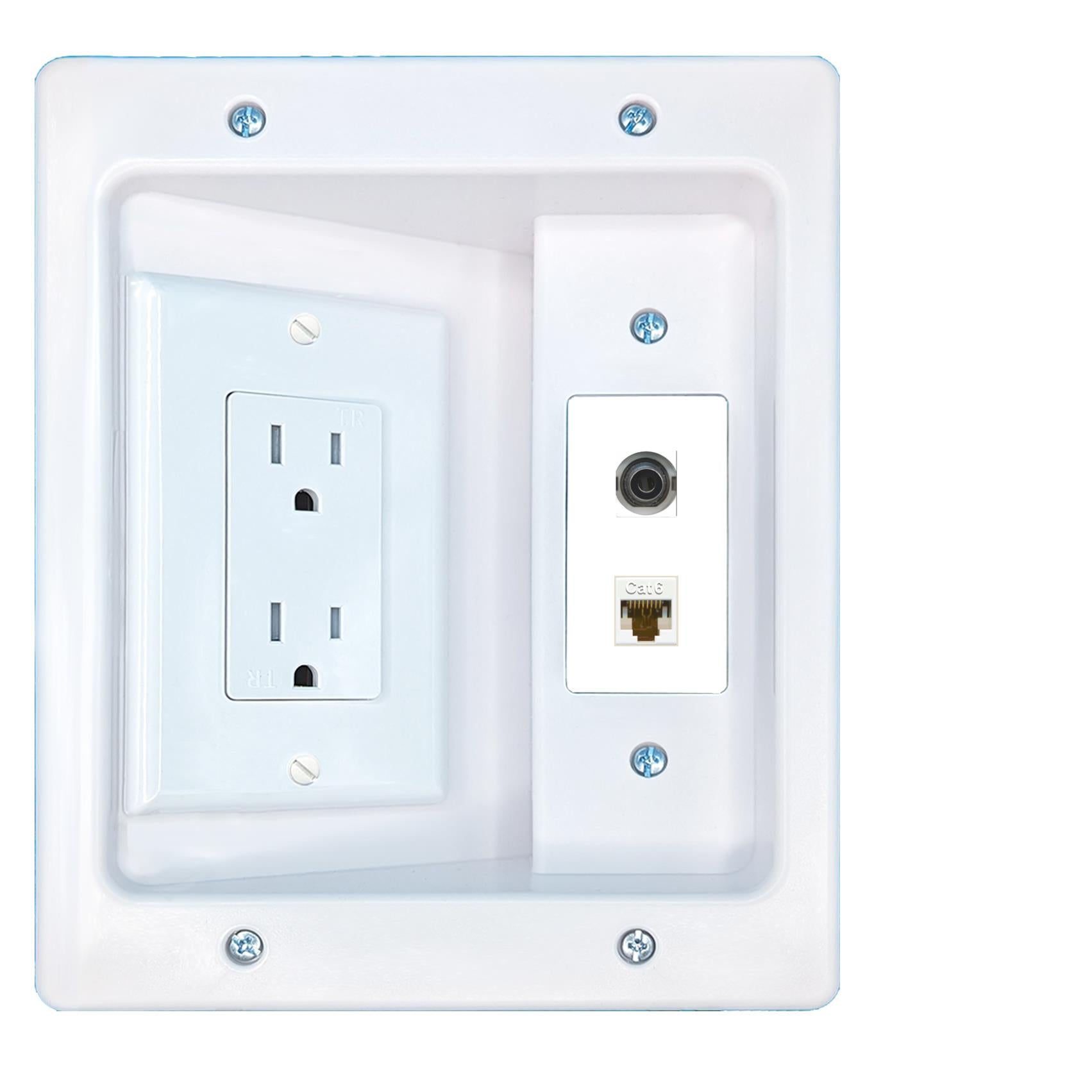 RiteAV 3.5mm CAT6 Recessed Wall Plate Cable Concealer Management Kit with Power Outlet Hides Cords and Cables