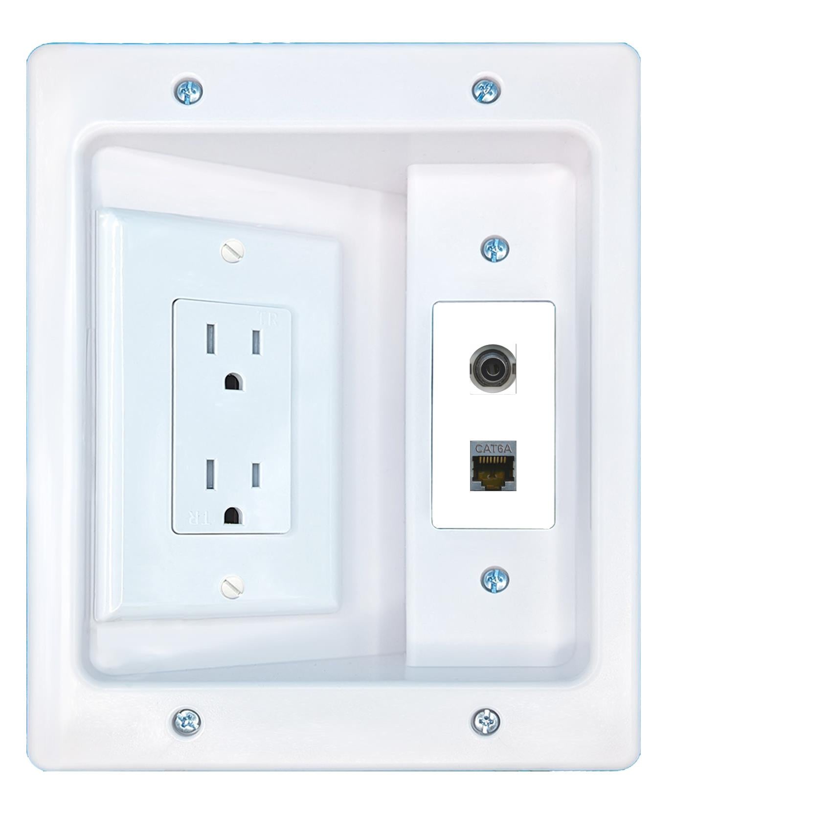 RiteAV 3.5mm CAT6A Recessed Wall Plate Cable Concealer Management Kit with Power Outlet Hides Cords and Cables