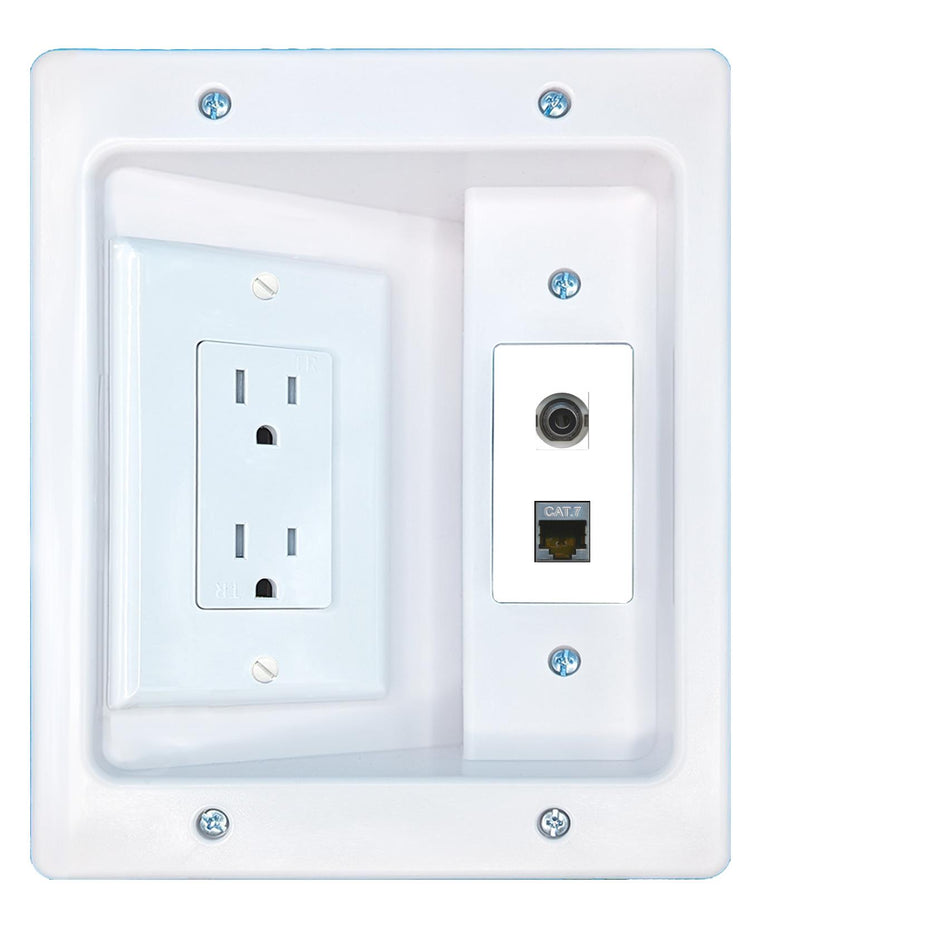 RiteAV 3.5mm CAT7 Recessed Wall Plate Cable Concealer Management Kit with Power Outlet Hides Cords and Cables
