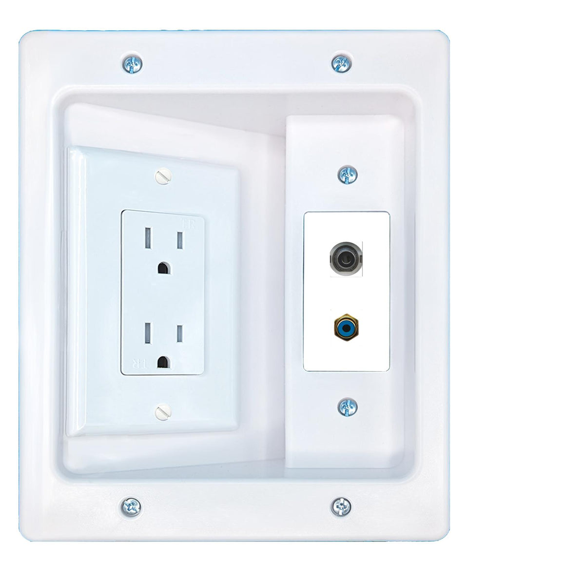 RiteAV 3.5mm RCA-BLUE Recessed Wall Plate Cable Concealer Management Kit with Power Outlet Hides Cords and Cables