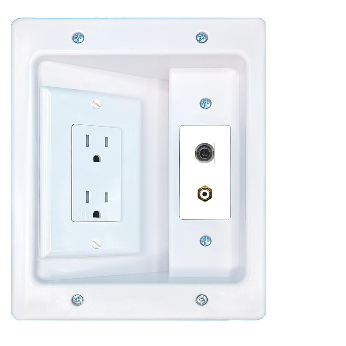 RiteAV 3.5mm RCA-WHITE Recessed Wall Plate Cable Concealer Management Kit with Power Outlet Hides Cords and Cables