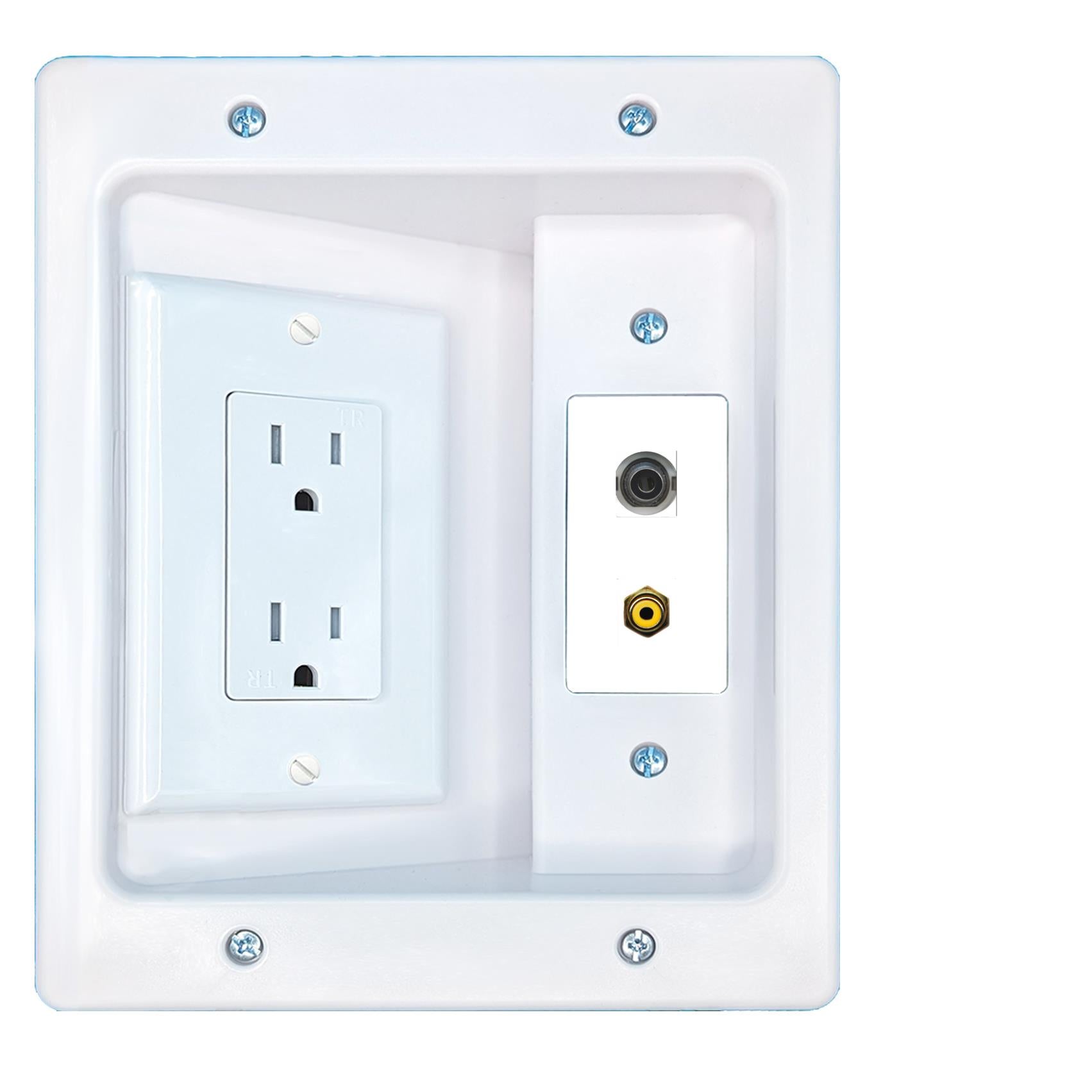 RiteAV 3.5mm RCA-YELLOW Recessed Wall Plate Cable Concealer Management Kit with Power Outlet Hides Cords and Cables