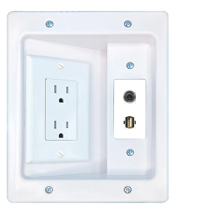 RiteAV 3.5mm USB2 Recessed Wall Plate Cable Concealer Management Kit with Power Outlet Hides Cords and Cables