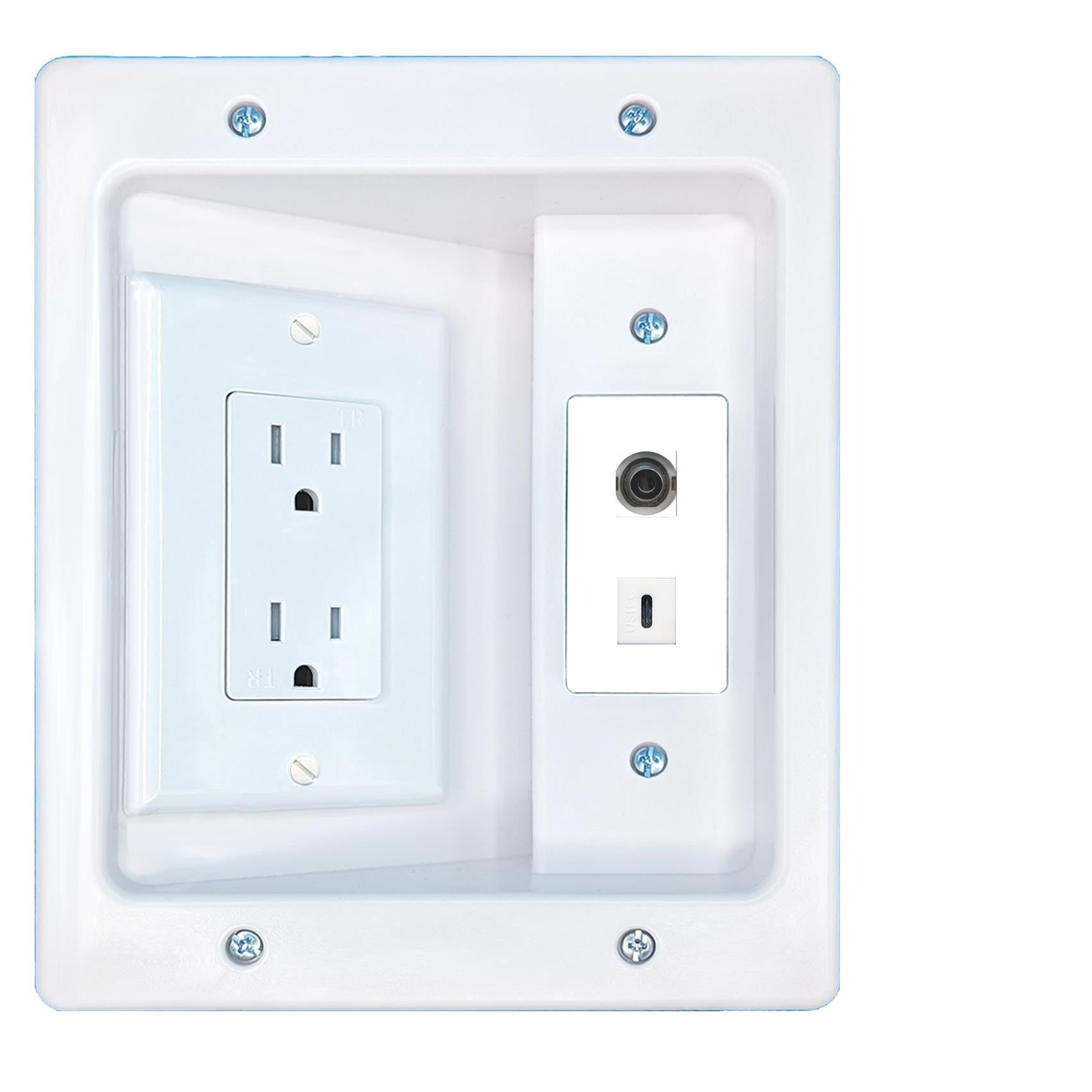 RiteAV 3.5mm USBC Recessed Wall Plate Cable Concealer Management Kit with Power Outlet Hides Cords and Cables