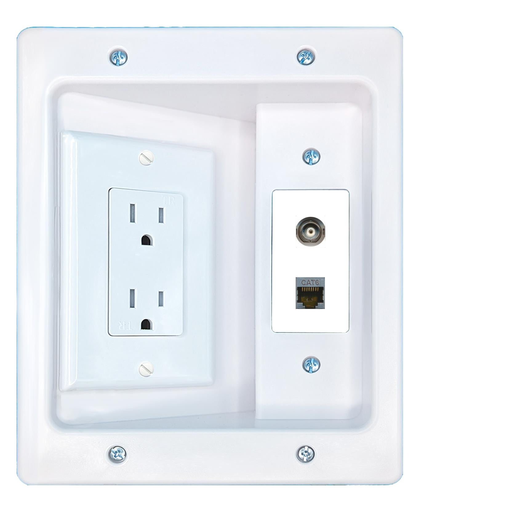 RiteAV BNC CAT6-SHIELDED Recessed Wall Plate Cable Concealer Management Kit with Power Outlet Hides Cords and Cables