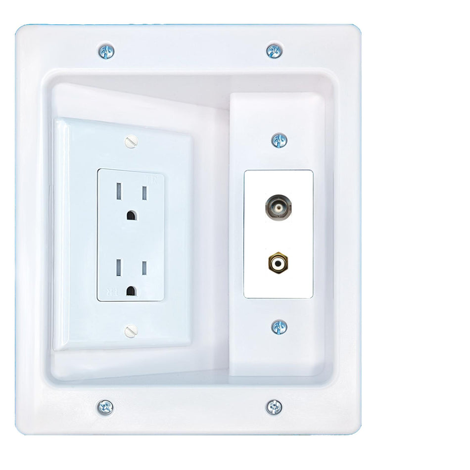 RiteAV BNC RCA-WHITE Recessed Wall Plate Cable Concealer Management Kit with Power Outlet Hides Cords and Cables