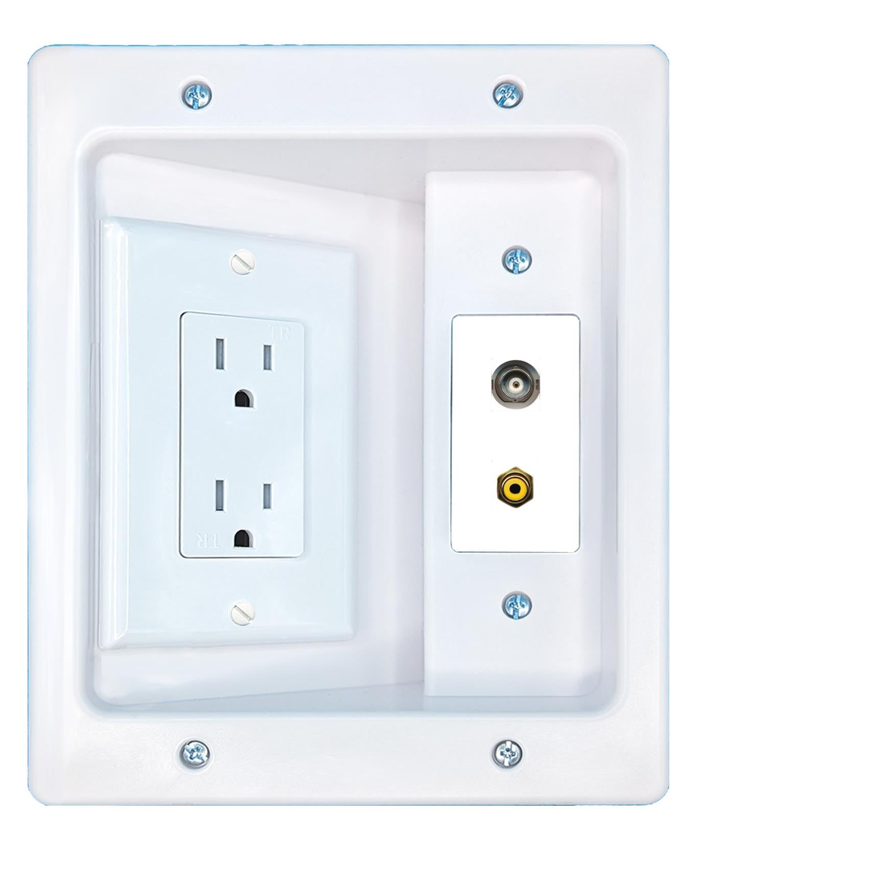 RiteAV BNC RCA-YELLOW Recessed Wall Plate Cable Concealer Management Kit with Power Outlet Hides Cords and Cables