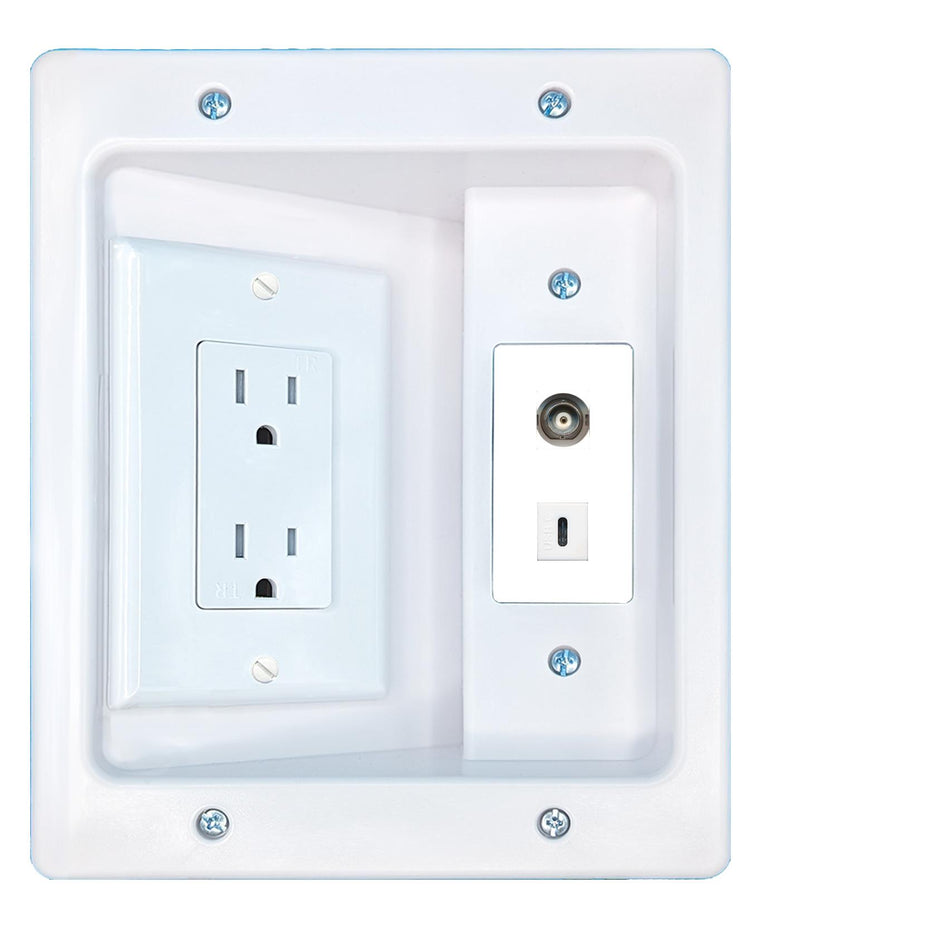 RiteAV BNC USBC Recessed Wall Plate Cable Concealer Management Kit with Power Outlet Hides Cords and Cables