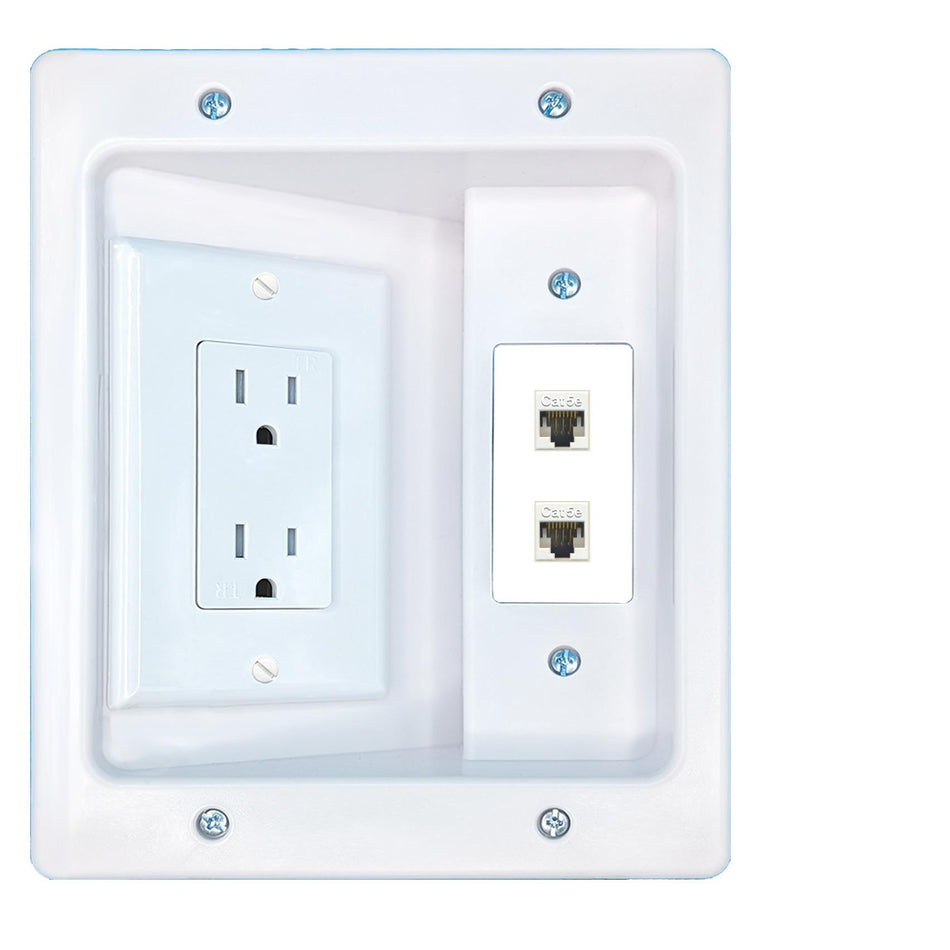 RiteAV 2 CAT5E Recessed Wall Plate Cable Concealer Management Kit with Power Outlet Hides Cords and Cables