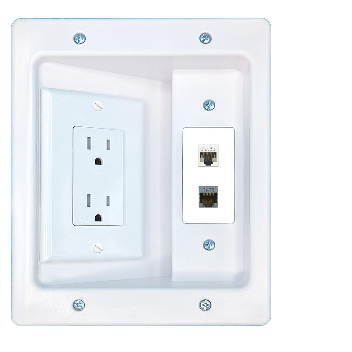 RiteAV CAT5E CAT6-SHIELDED Recessed Wall Plate Cable Concealer Management Kit with Power Outlet Hides Cords and Cables