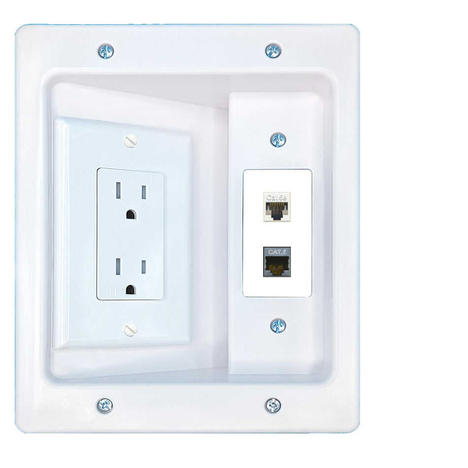RiteAV CAT5E CAT7 Recessed Wall Plate Cable Concealer Management Kit with Power Outlet Hides Cords and Cables