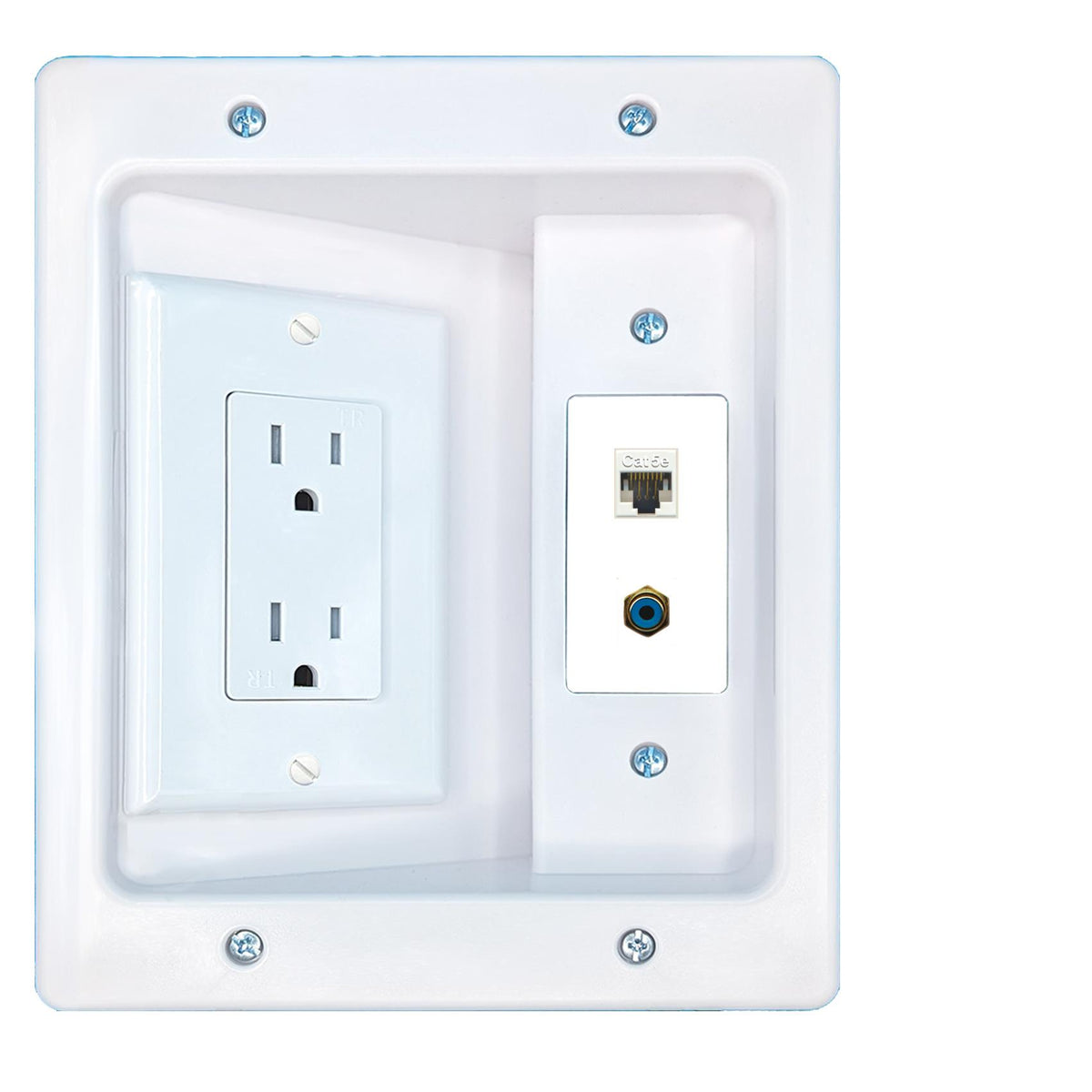 RiteAV CAT5E RCA-BLUE Recessed Wall Plate Cable Concealer Management Kit with Power Outlet Hides Cords and Cables