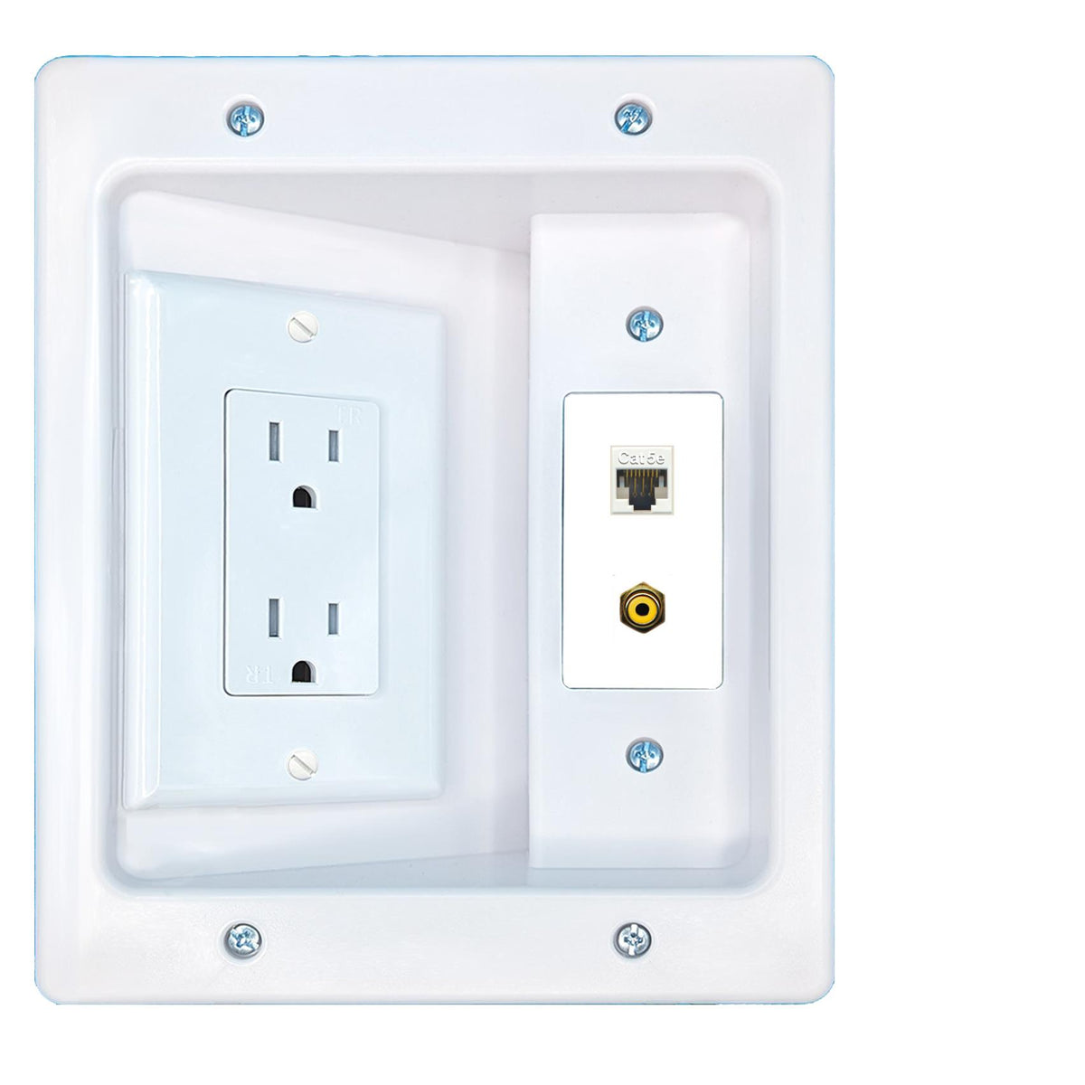 RiteAV CAT5E RCA-YELLOW Recessed Wall Plate Cable Concealer Management Kit with Power Outlet Hides Cords and Cables