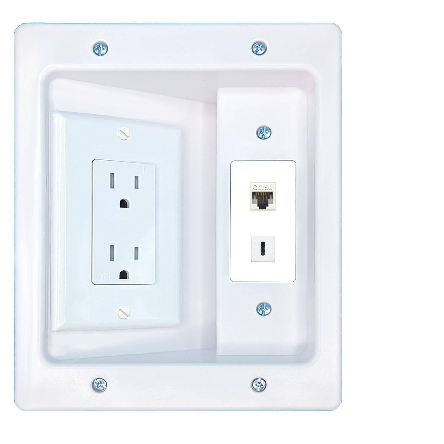 RiteAV CAT5E USBC Recessed Wall Plate Cable Concealer Management Kit with Power Outlet Hides Cords and Cables