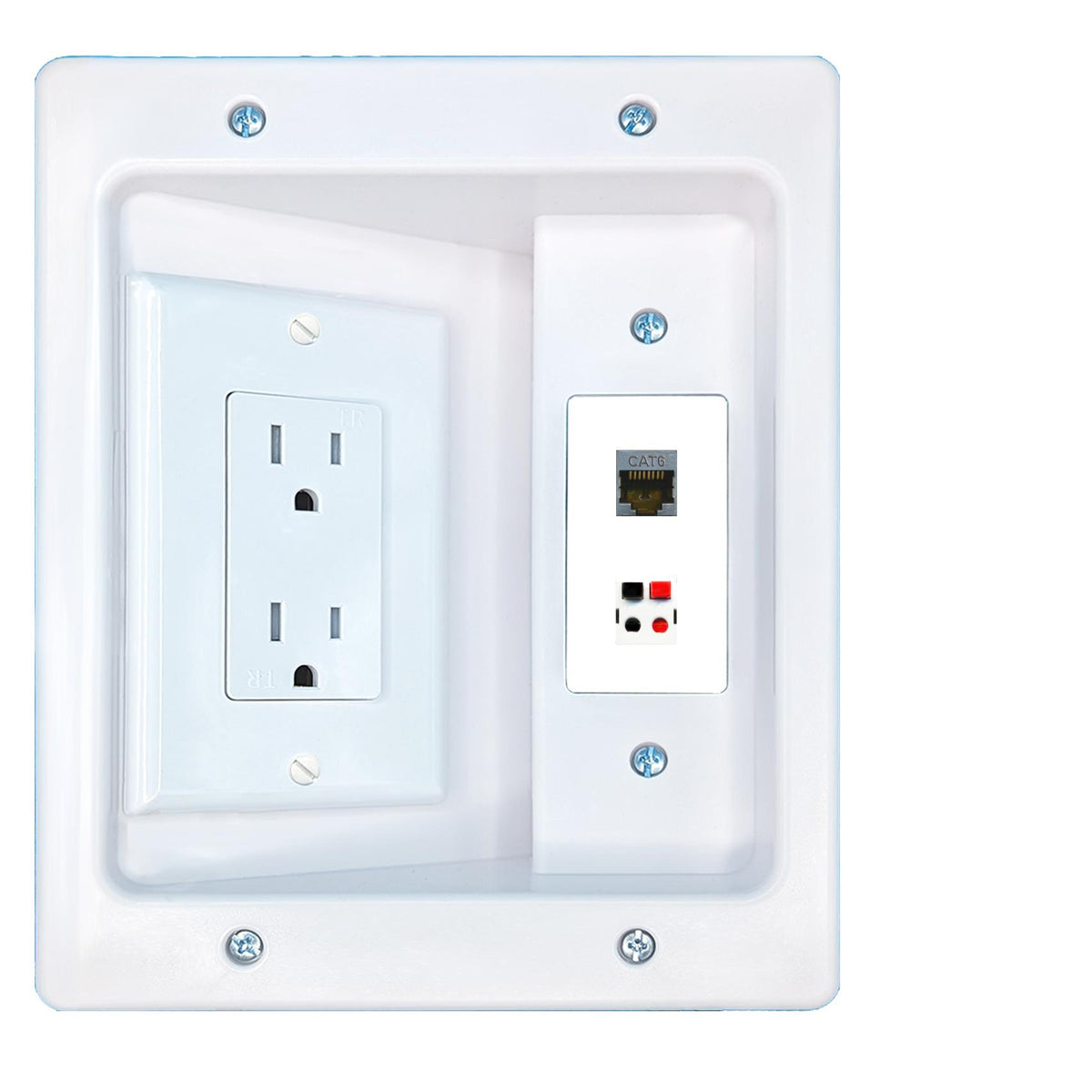 RiteAV CAT6-SHIELDED SPEAKER Recessed Wall Plate Cable Concealer Management Kit with Power Outlet Hides Cords and Cables
