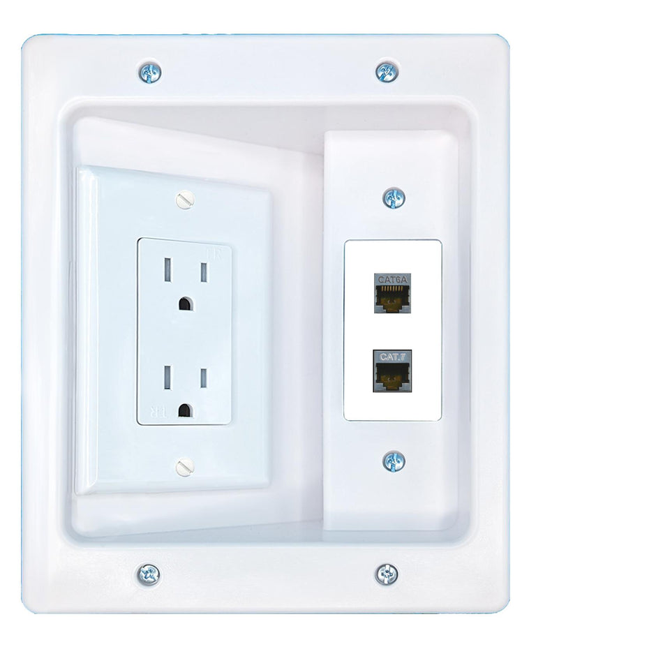 RiteAV CAT6A CAT7 Recessed Wall Plate Cable Concealer Management Kit with Power Outlet Hides Cords and Cables