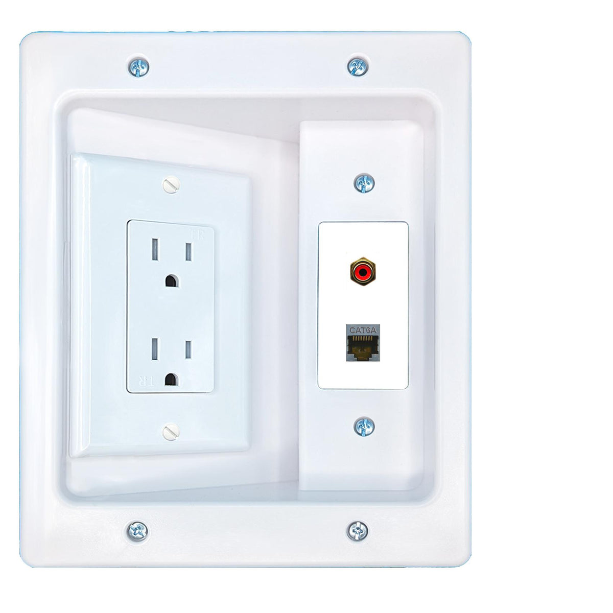 RiteAV CAT6A RCA-RED Recessed Wall Plate Cable Concealer Management Kit with Power Outlet Hides Cords and Cables