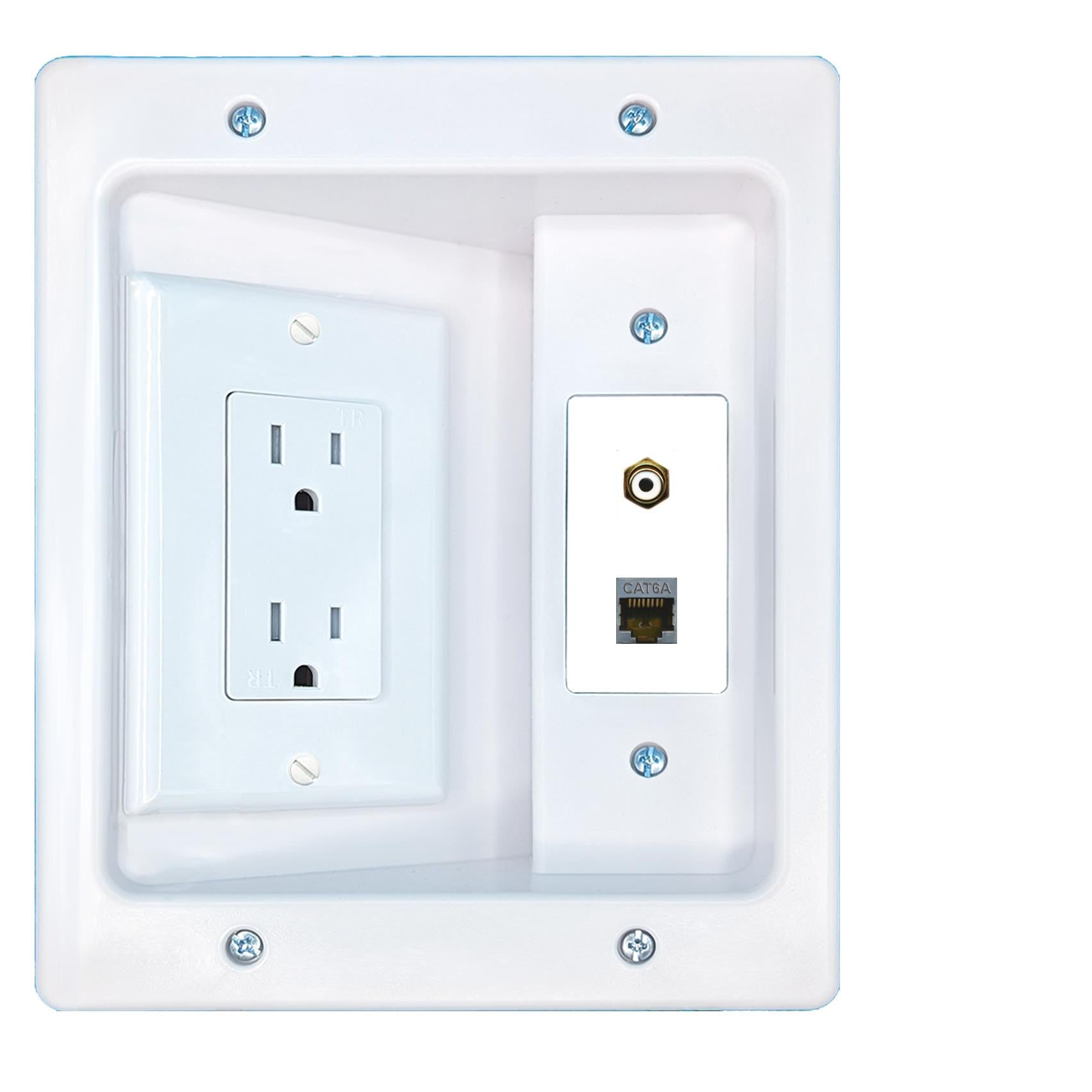 RiteAV CAT6A RCA-WHITE Recessed Wall Plate Cable Concealer Management Kit with Power Outlet Hides Cords and Cables