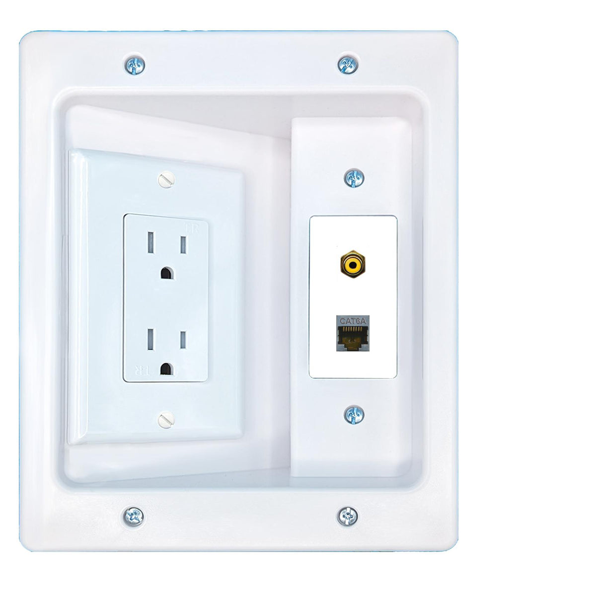 RiteAV CAT6A RCA-YELLOW Recessed Wall Plate Cable Concealer Management Kit with Power Outlet Hides Cords and Cables
