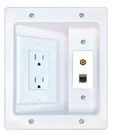 RiteAV CAT6A RCA-YELLOW Recessed Wall Plate Cable Concealer Management Kit with Power Outlet Hides Cords and Cables
