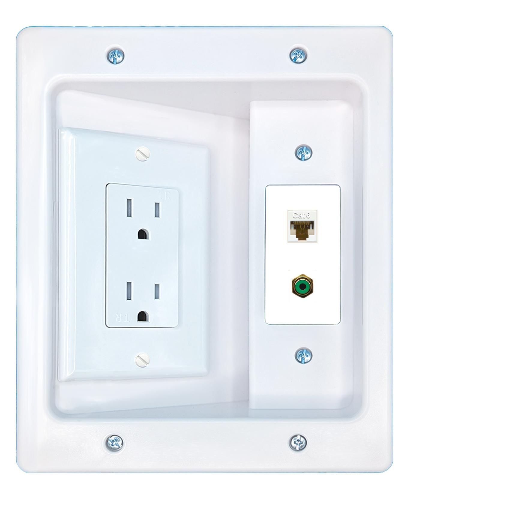 RiteAV CAT6 RCA-GREEN Recessed Wall Plate Cable Concealer Management Kit with Power Outlet Hides Cords and Cables