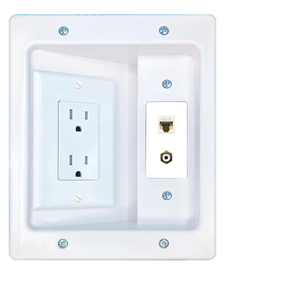 RiteAV CAT6 RCA-WHITE Recessed Wall Plate Cable Concealer Management Kit with Power Outlet Hides Cords and Cables