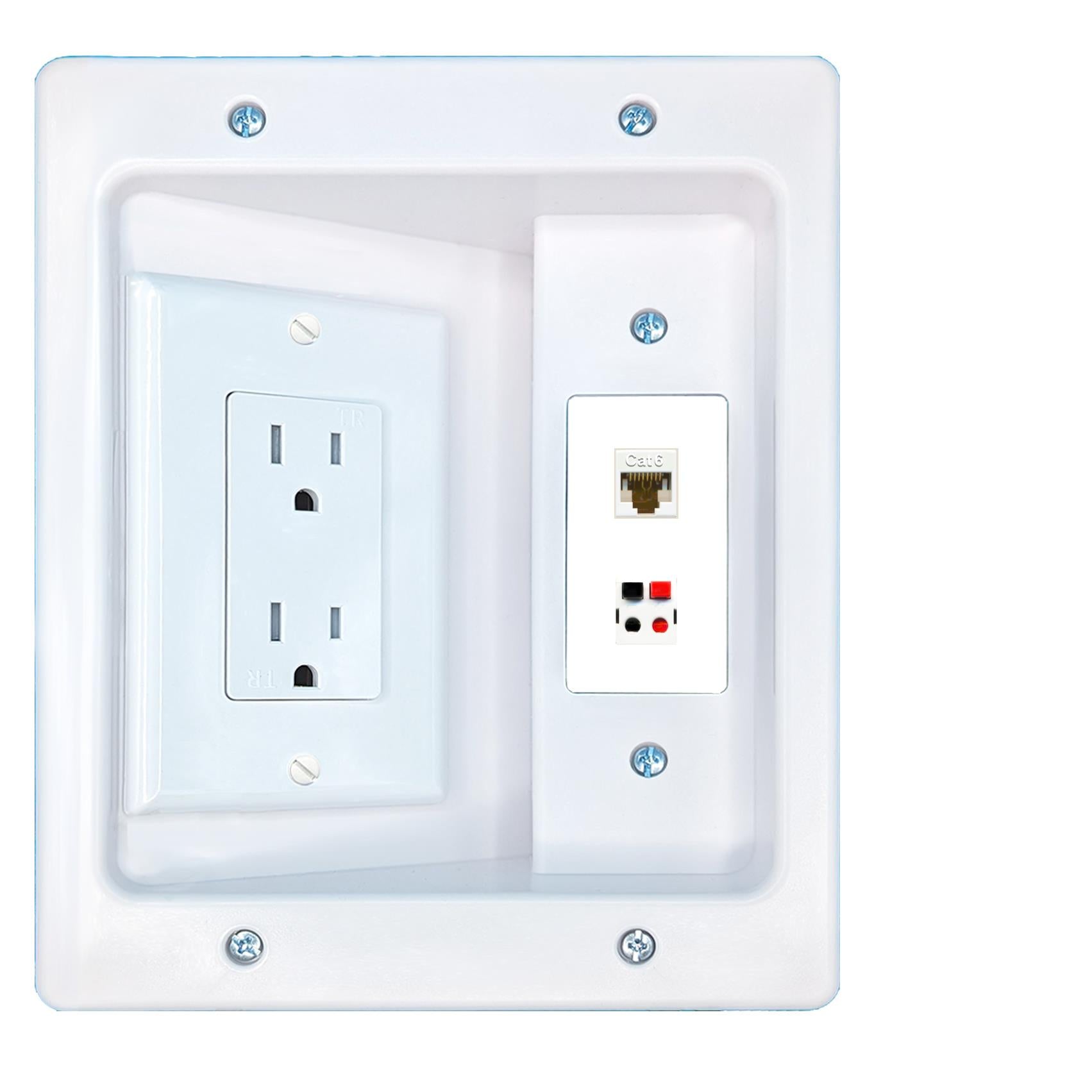 RiteAV CAT6 SPEAKER Recessed Wall Plate Cable Concealer Management Kit with Power Outlet Hides Cords and Cables