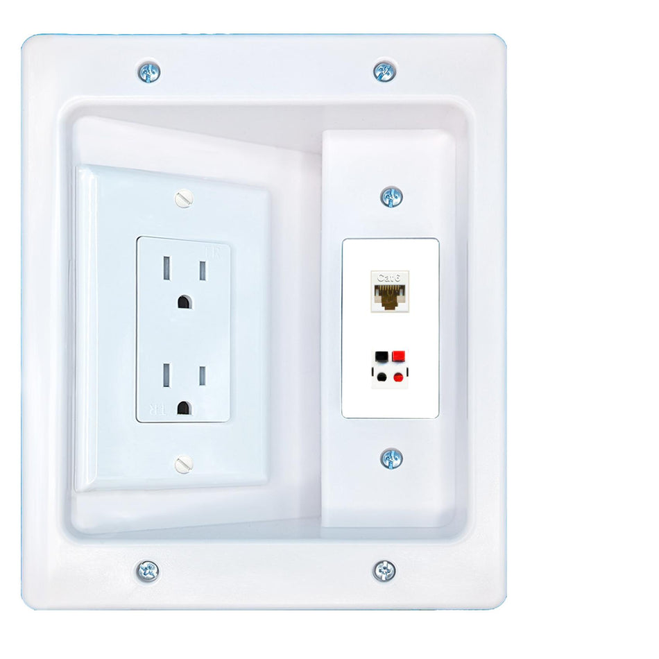 RiteAV CAT6 SPEAKER Recessed Wall Plate Cable Concealer Management Kit with Power Outlet Hides Cords and Cables