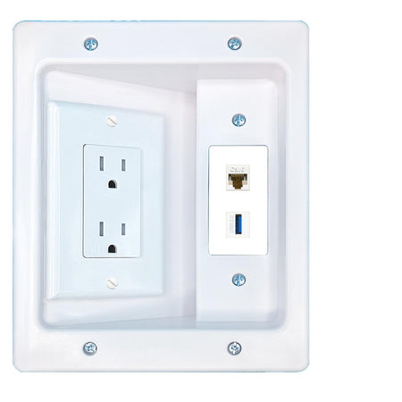 RiteAV CAT6 USB-3 Recessed Wall Plate Cable Concealer Management Kit with Power Outlet Hides Cords and Cables
