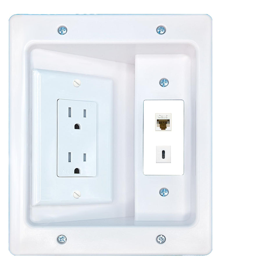 RiteAV CAT6 USBC Recessed Wall Plate Cable Concealer Management Kit with Power Outlet Hides Cords and Cables
