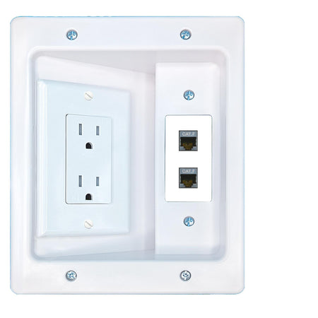 RiteAV 2 CAT7 Recessed Wall Plate Cable Concealer Management Kit with Power Outlet Hides Cords and Cables