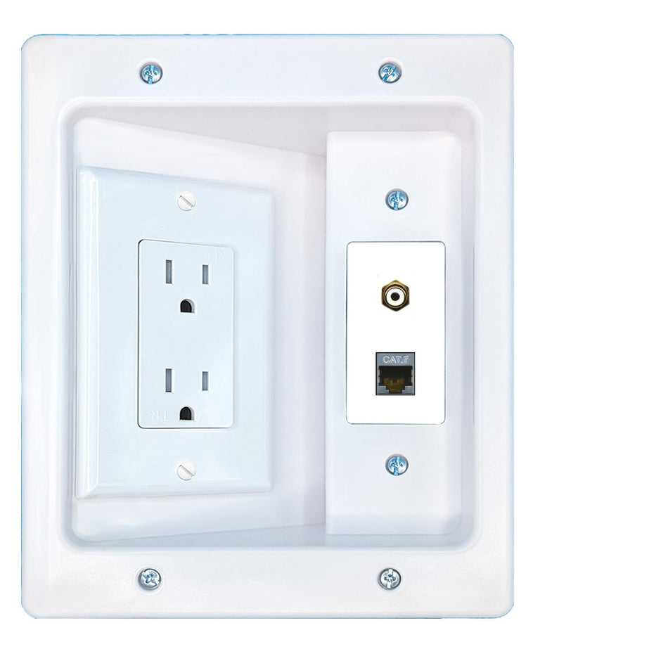 RiteAV CAT7 RCA-WHITE Recessed Wall Plate Cable Concealer Management Kit with Power Outlet Hides Cords and Cables