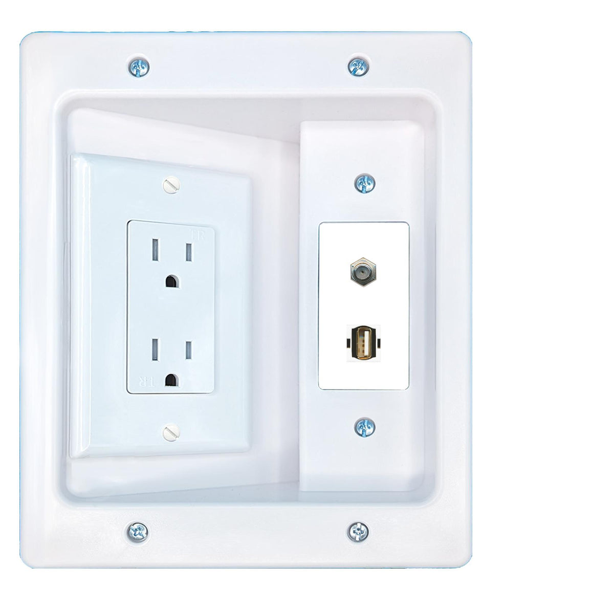 RiteAV COAX USB2 Recessed Wall Plate Cable Concealer Management Kit with Power Outlet Hides Cords and Cables
