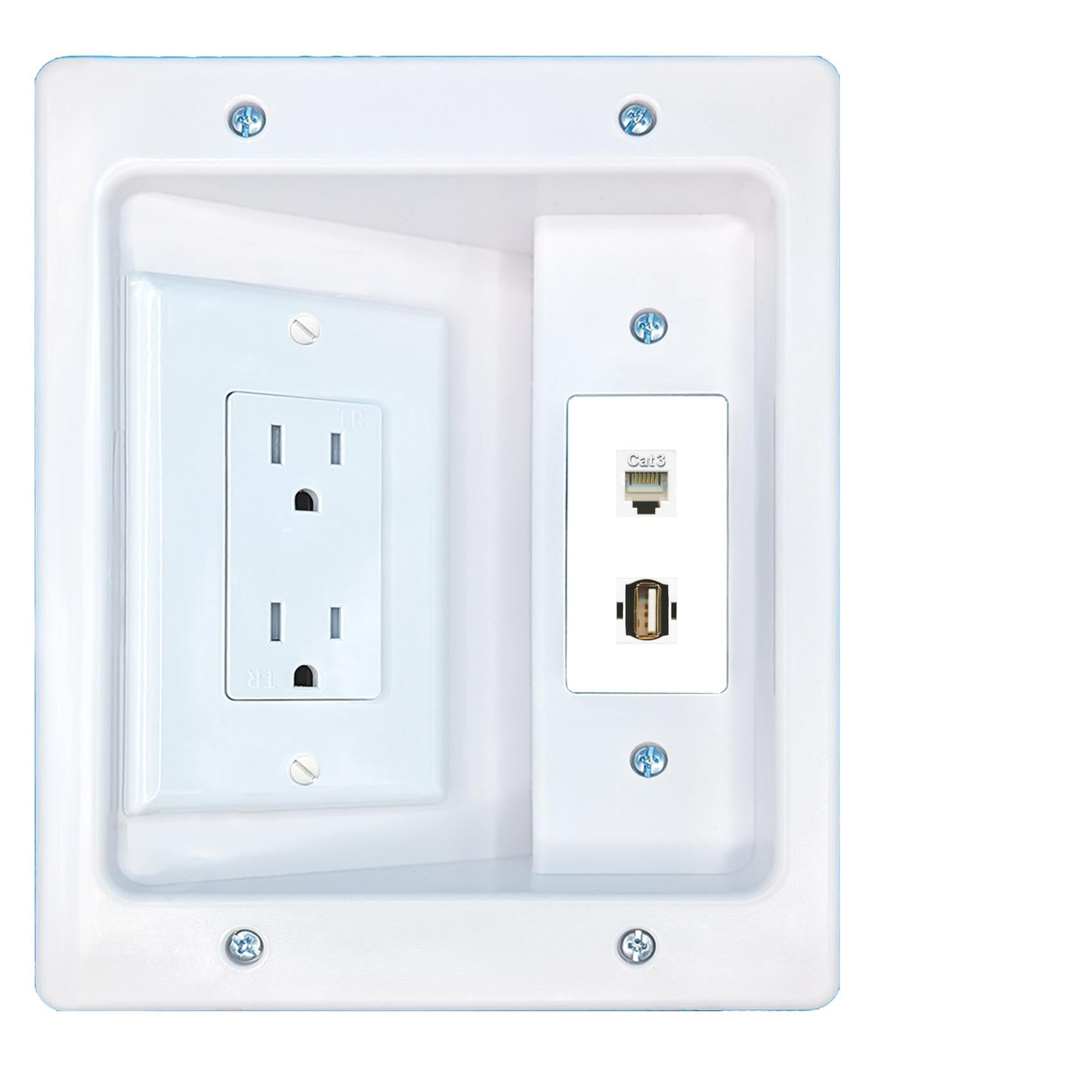 RiteAV PHONE USB2 Recessed Wall Plate Cable Concealer Management Kit with Power Outlet Hides Cords and Cables