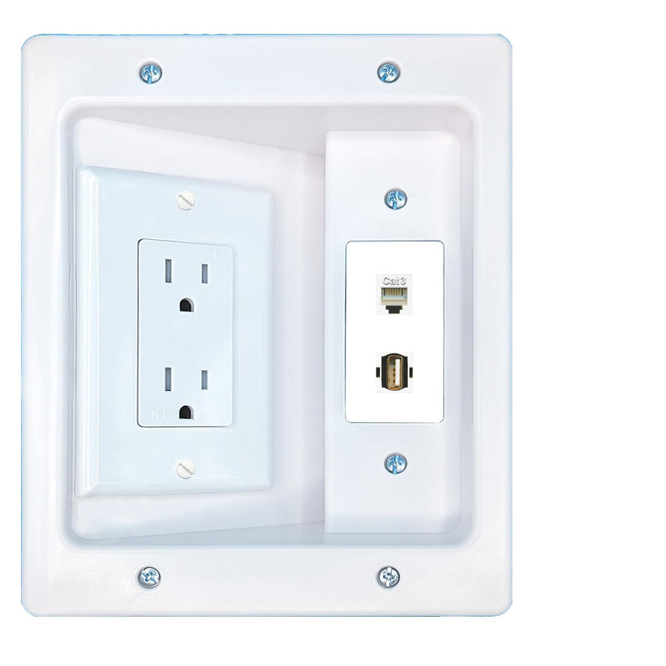 RiteAV PHONE USB2 Recessed Wall Plate Cable Concealer Management Kit with Power Outlet Hides Cords and Cables