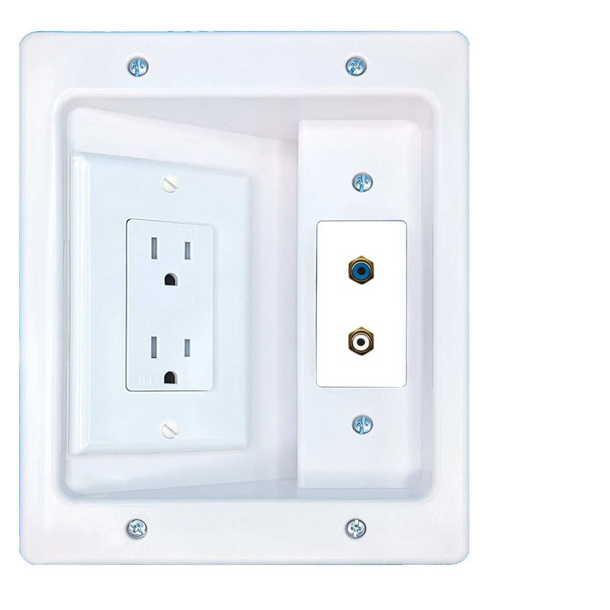 RiteAV RCA-BLUE RCA-WHITE Recessed Wall Plate Cable Concealer Management Kit with Power Outlet Hides Cords and Cables