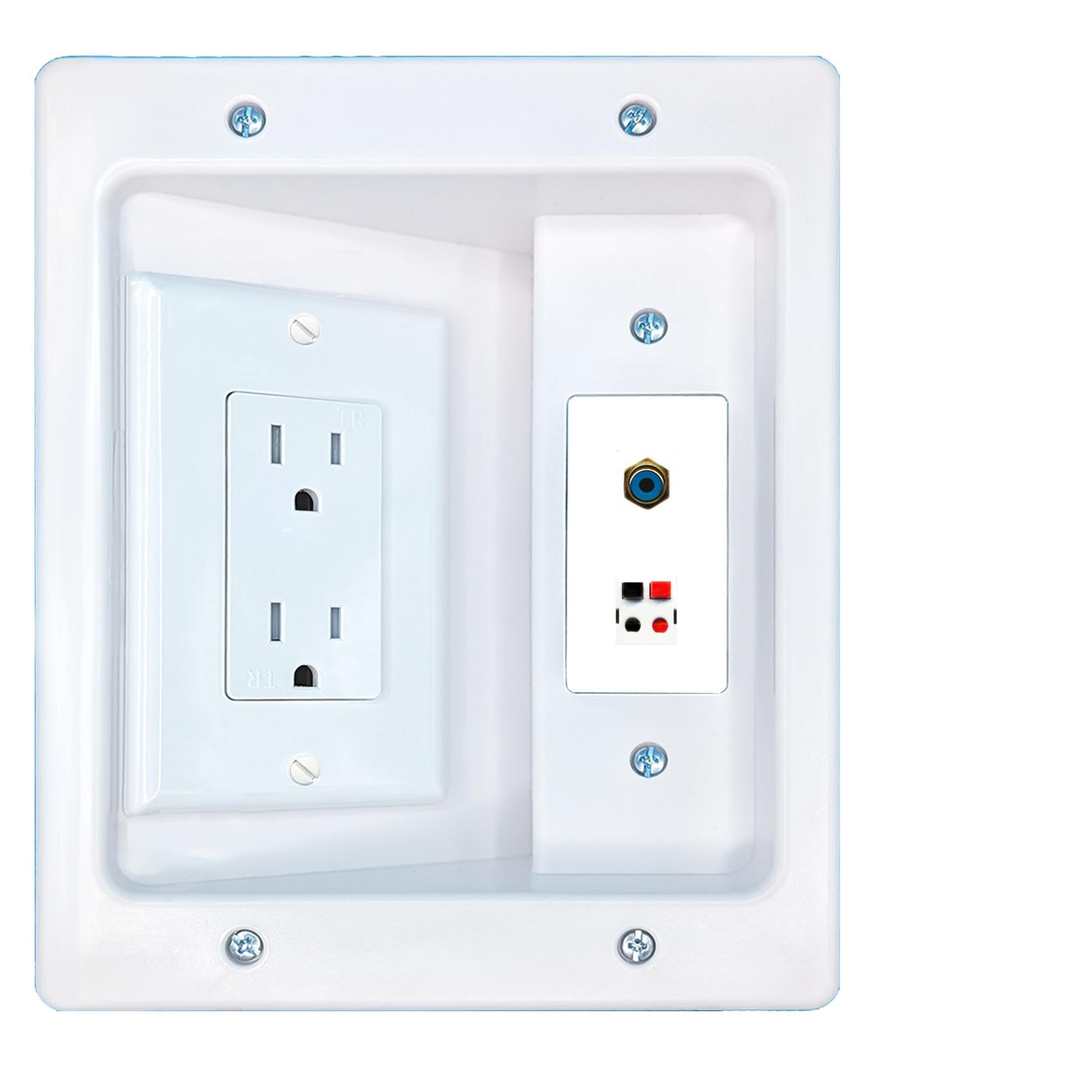 RiteAV RCA-BLUE SPEAKER Recessed Wall Plate Cable Concealer Management Kit with Power Outlet Hides Cords and Cables