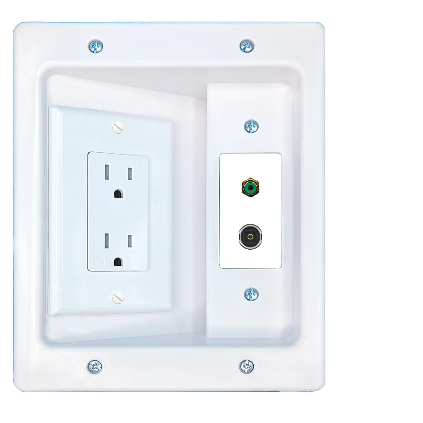 RiteAV RCA-GREEN TOSLINK Recessed Wall Plate Cable Concealer Management Kit with Power Outlet Hides Cords and Cables