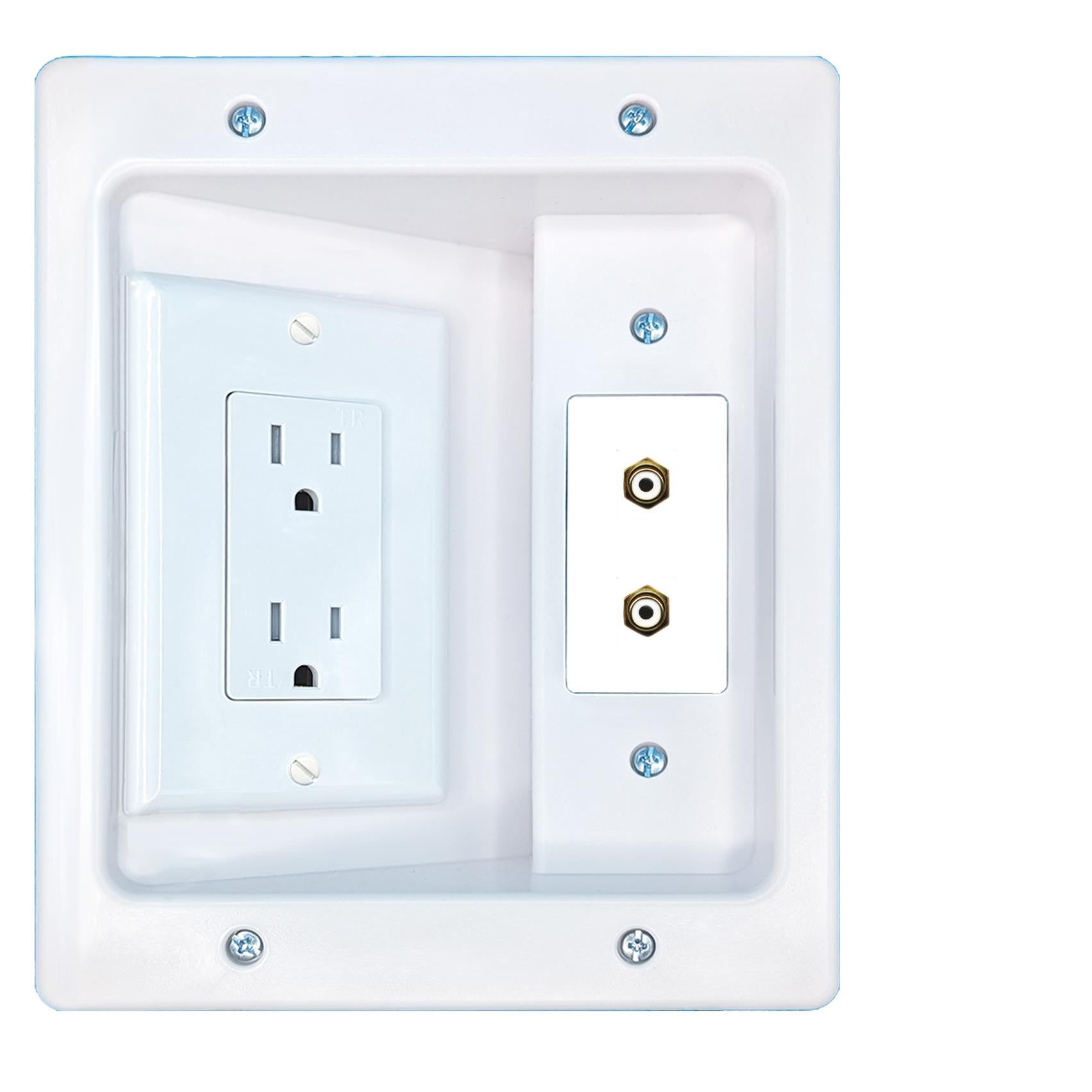 RiteAV 2 RCA-WHITE Recessed Wall Plate Cable Concealer Management Kit with Power Outlet Hides Cords and Cables
