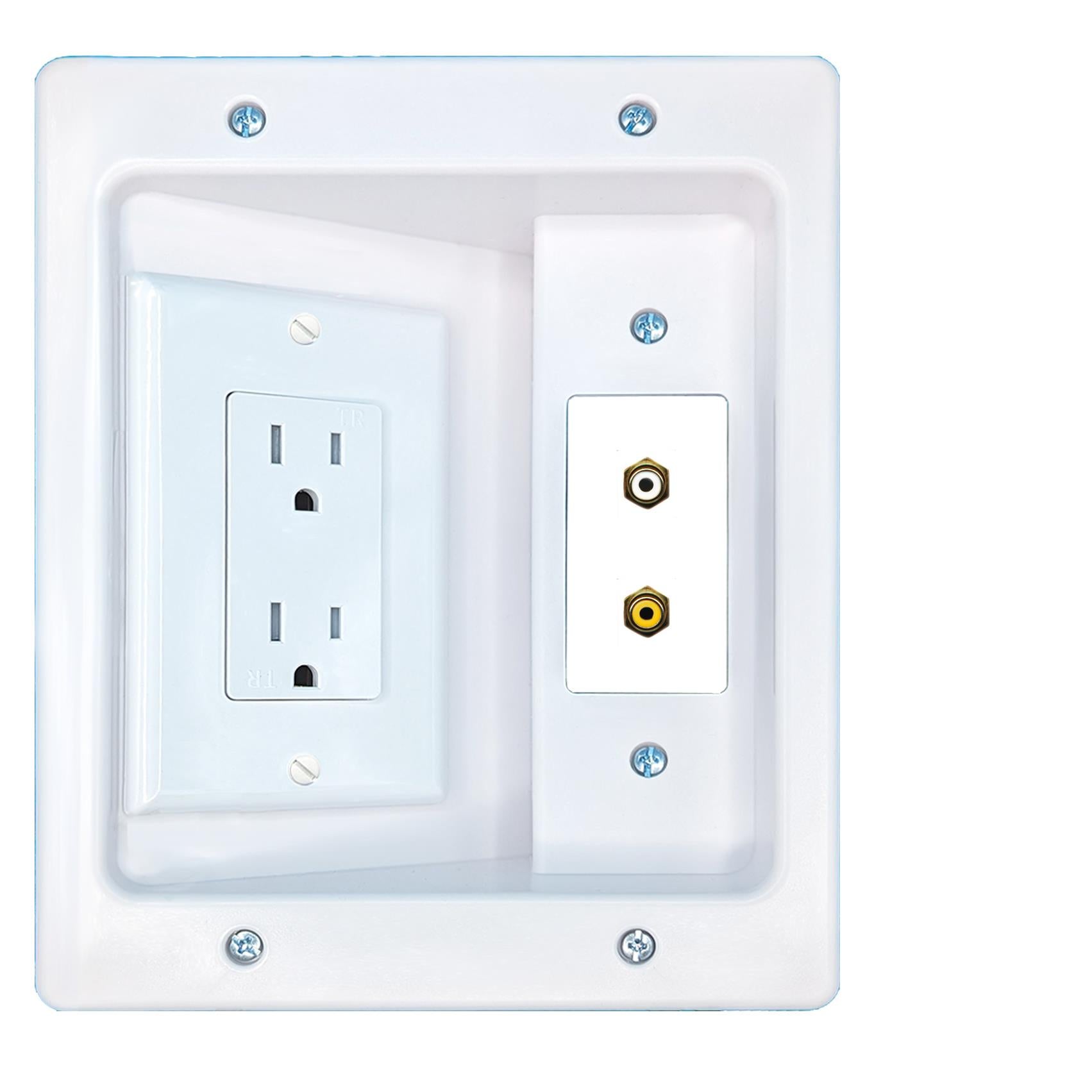 RiteAV RCA-WHITE RCA-YELLOW Recessed Wall Plate Cable Concealer Management Kit with Power Outlet Hides Cords and Cables