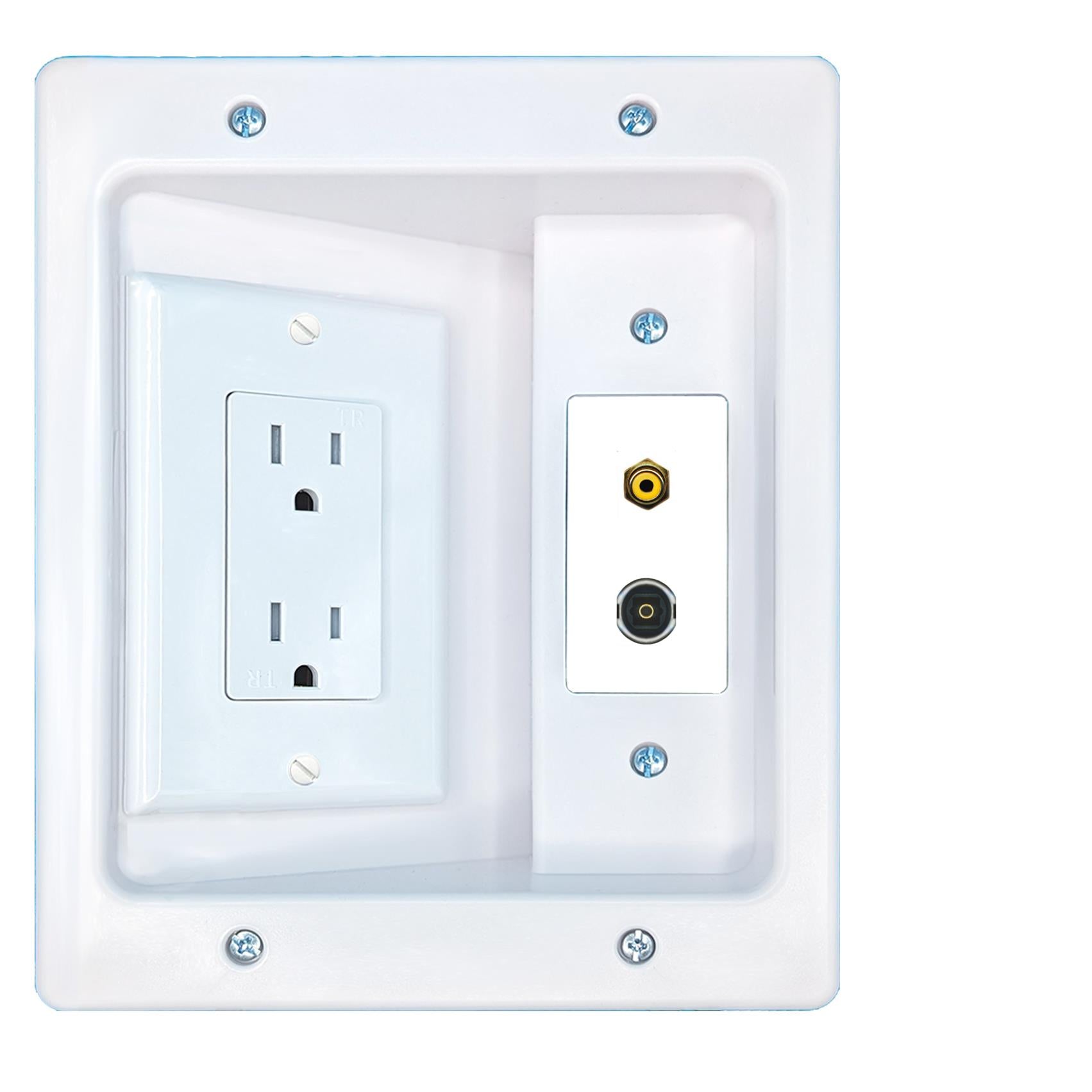 RiteAV RCA-YELLOW TOSLINK Recessed Wall Plate Cable Concealer Management Kit with Power Outlet Hides Cords and Cables